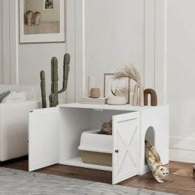 Cat Litter Box Enclosure With Barn Door, Cat Hole (Option: White)