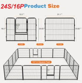 Dog Playpen Indoor Fence Height Metal Exercise Pen With Door Small Puppy-Medium-Large Dogs Animal Pet For Outdoor, Garden, Yard (Option: 24S 16P)