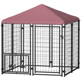 Welded Wire Outdoor Dog Kennel With 360 Rotating & 4 Levels Adjustable Bowls, Waterproof Cover, 4.6 X 4.6 X 5 (Option: Black)