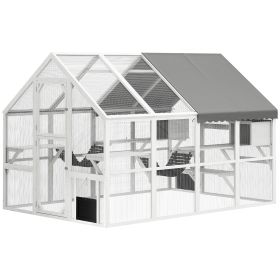 Wooden Catio Outdoor Cat Enclosure With Waterproof Cover, 2 Condos, 6 Platforms, Bridge, Doors, White (Option: White)